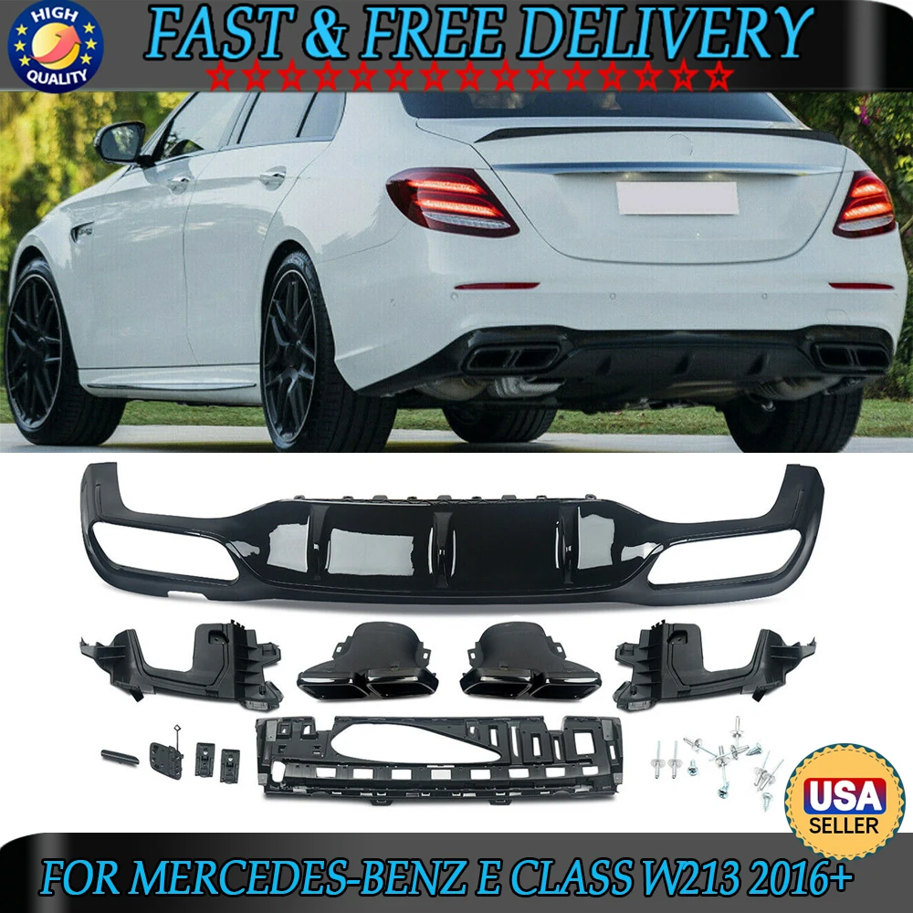 MagicKit FOR MERCEDES E CLASS W213 16-20 BRABUS LOOK GLOSS BLACK REAR DIFFUSER+TAILPIPES F1 STYLE