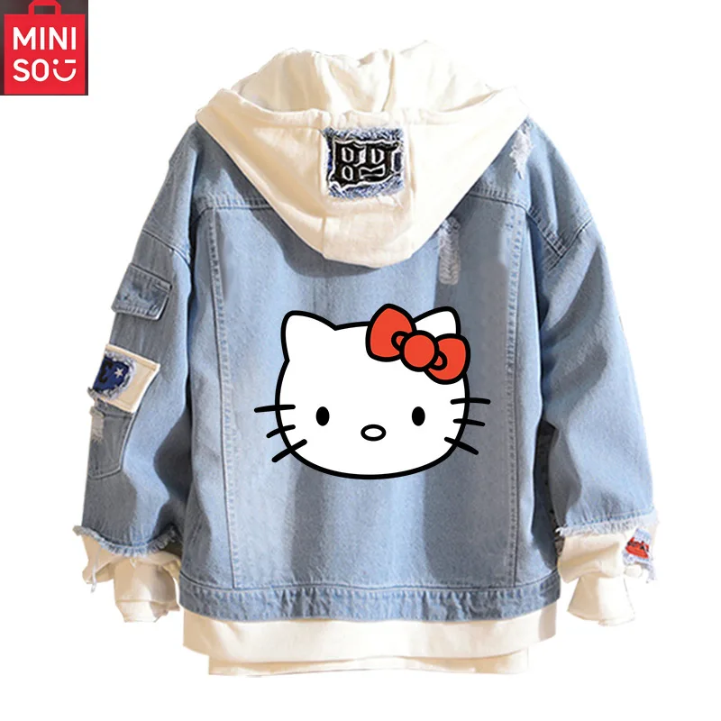

MINISO аниме мультфильм Sanrio Hello Kitty джинсовая куртка весна осень толстовка с капюшоном для девочек модная рубашка для пар