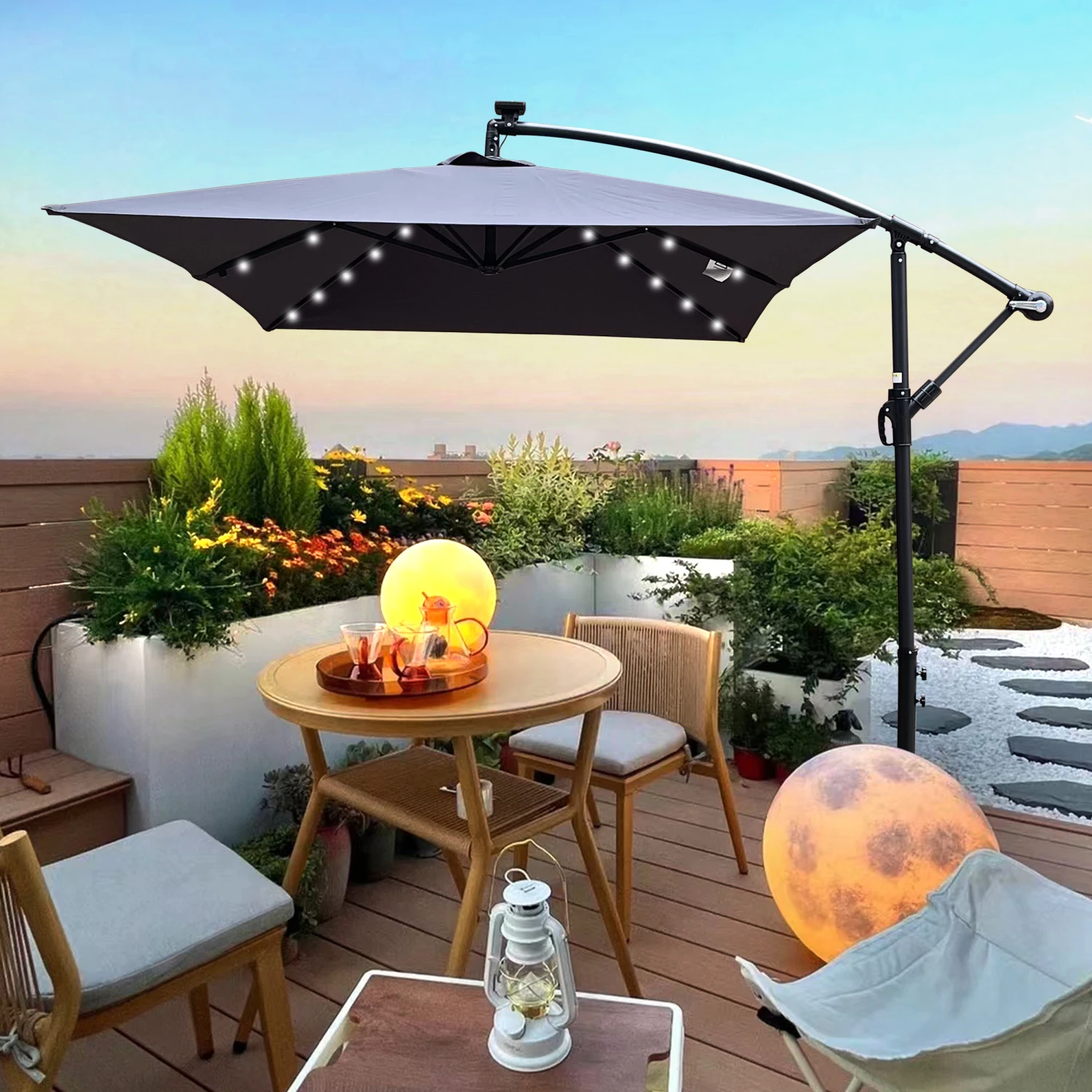 

Rectangle 2x3M Outdoor Patio Umbrella Solar Powered LED Lighted Sun Shade Market Waterproof 6 Ribs Umbrella with Crank and Cross