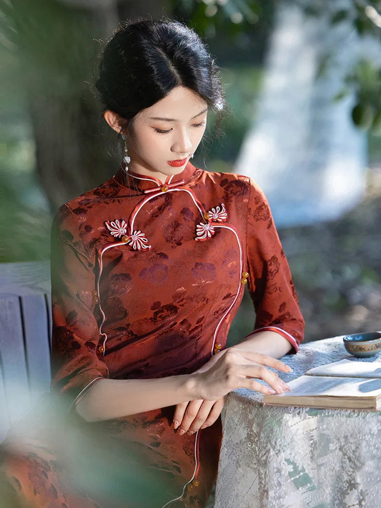 2024 Autumn New Cheongsam Women's Elegant Qipao Chinese Style Dress Vintage Mandarin Collar Qipao Sexy Vestidos