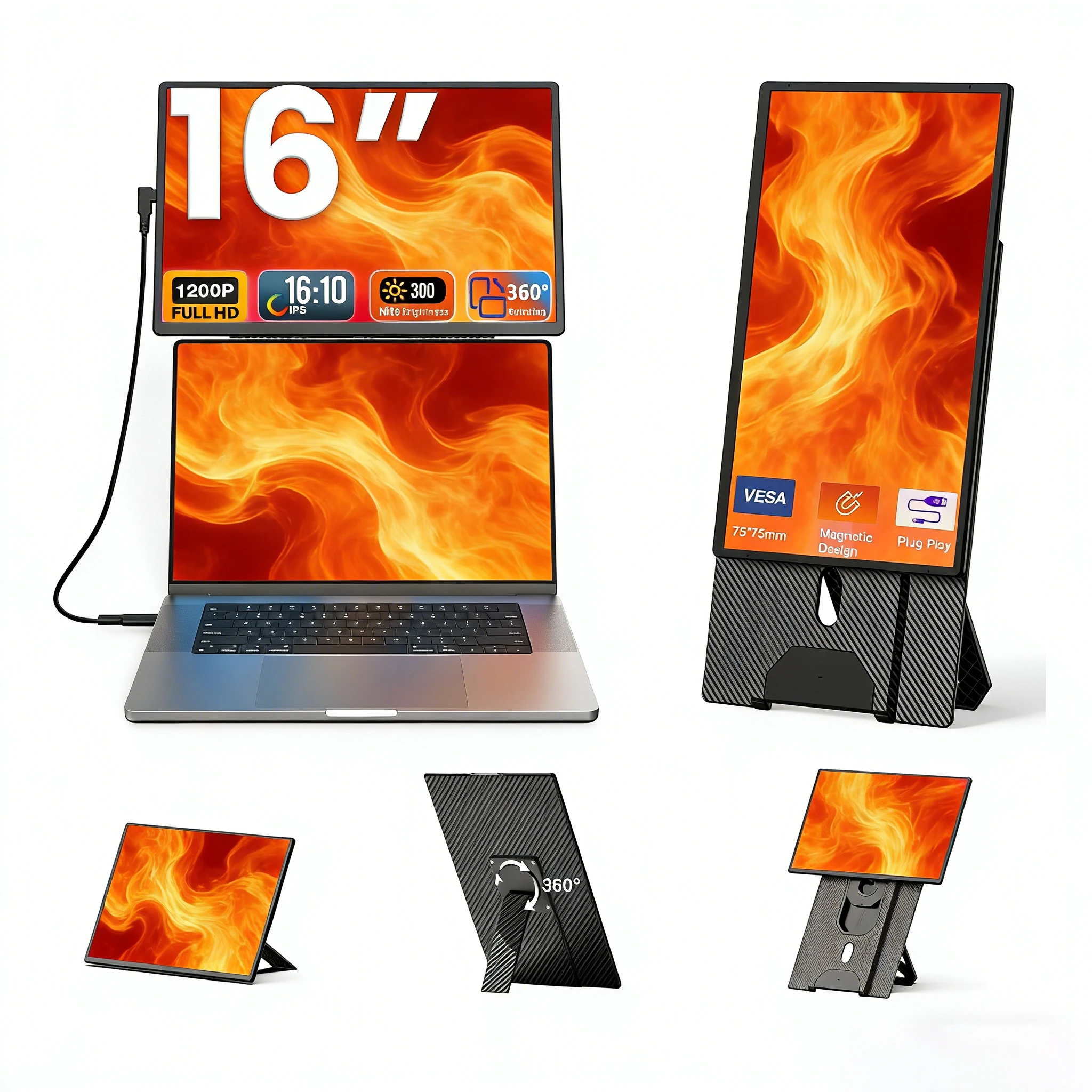 OEM Factory Custom 16 Inch 1920x1200P IPS Panel LCD Portable Display Monitor with Type-C Interface Dual Monitor Extender