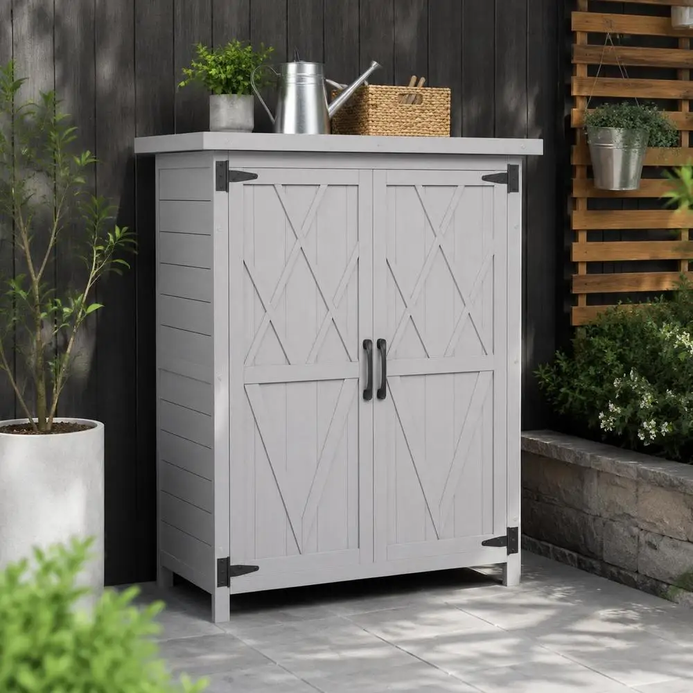 Armoire de jardin avec étagères et portes, toit en tôle galvanisée étanche, bois massif, X X cm, gris