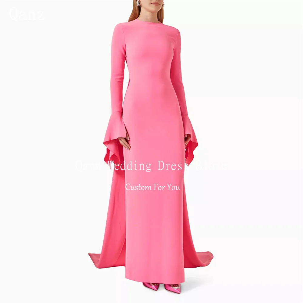 

Qanz Hot Pink Dubai Prom Dress long Sleeves O Neck Mermaid Satin Evening Dress Sweep Train Formal Dresses Woman Customized