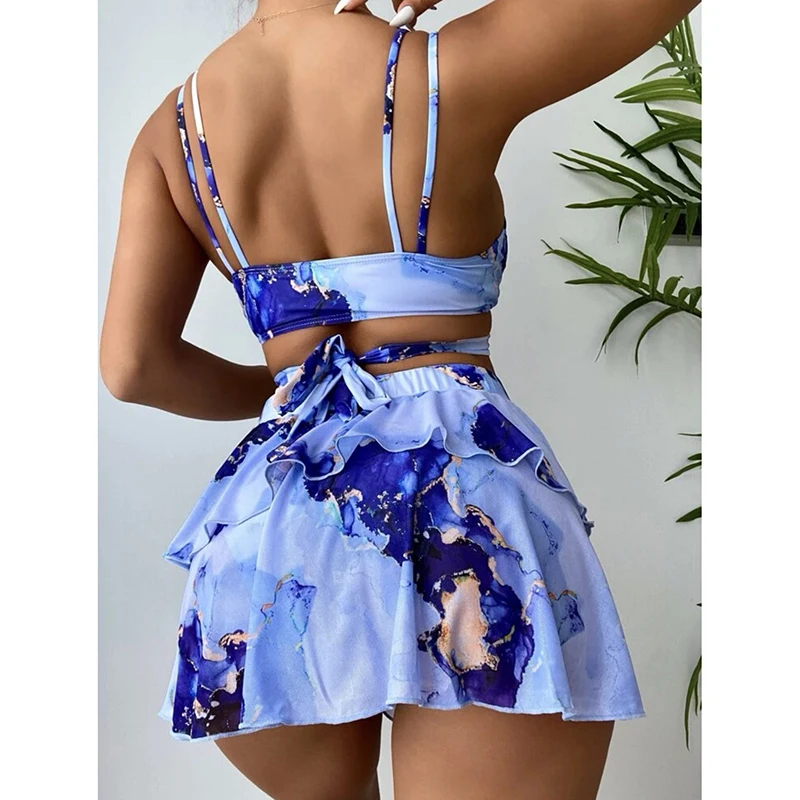 Conjunto de Bikini Sexy de verano para mujer, falda para la playa estampada con estilo, traje de baño elegante de tres piezas, traje de baño para vacaciones y resort