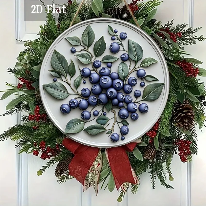 2D Flat - 1pc Blueberry Decor Woodblock Printing Decoration, Leafy Branches Wood Panel Painting, Botanical Style Round Wooden De