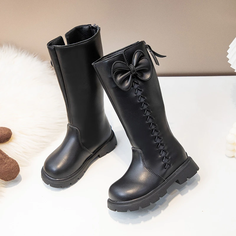 الفتيات أحذية الأميرة نمط الاطفال أحذية طويلة الحلو الأقواس الكبيرة الخريف الأطفال أحذية عالية أصابع مستديرة الجانب البريدي الاطفال أحذية لفتاة #3