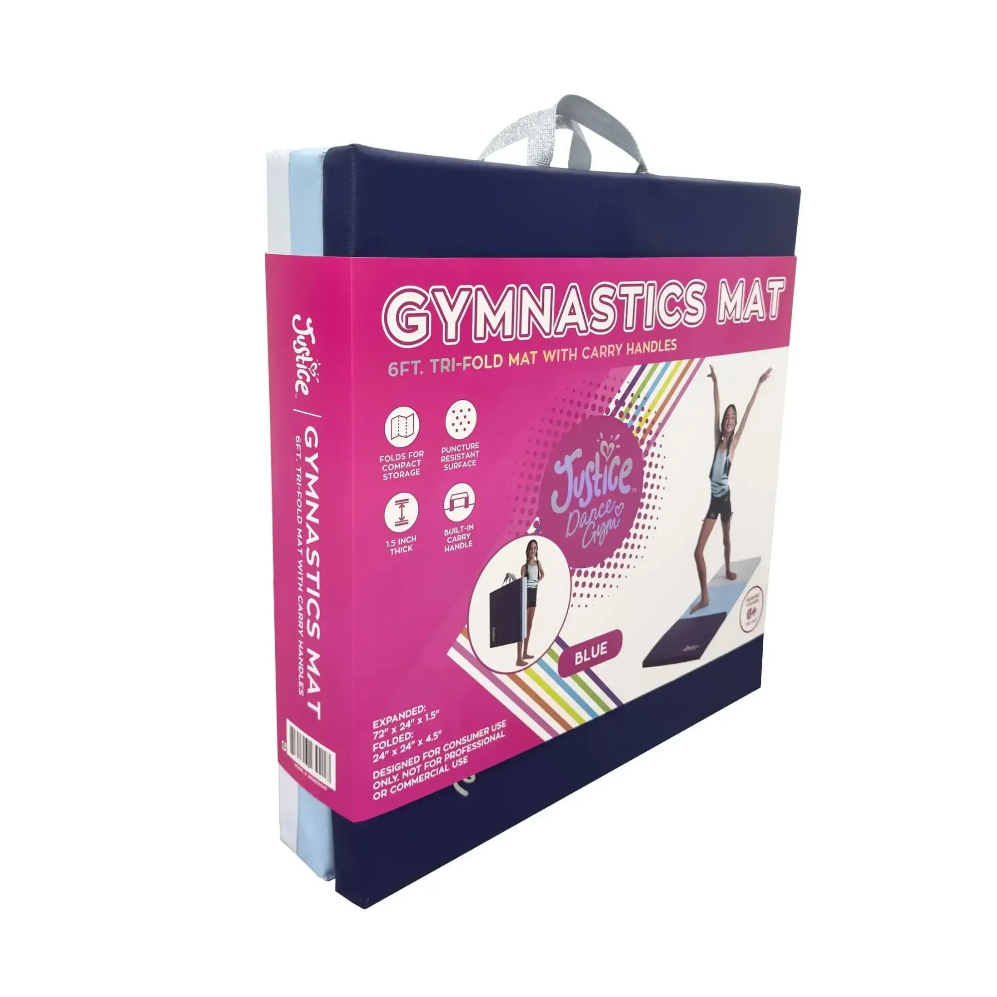휴대용 손잡이가 있는 6피트 3단 접이식 체육 매트, 두께 1.5인치, 어린이 체조 및 가정 운동용 멀티 컬러 블루