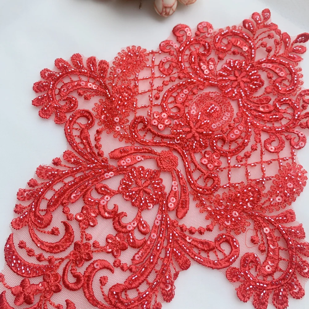 Beaded Sequin Embroidery Lace Applique, Retro Black and Red, 2 PCs/Pack DIY Wedding Dress Accessories, Lace Flower Patches