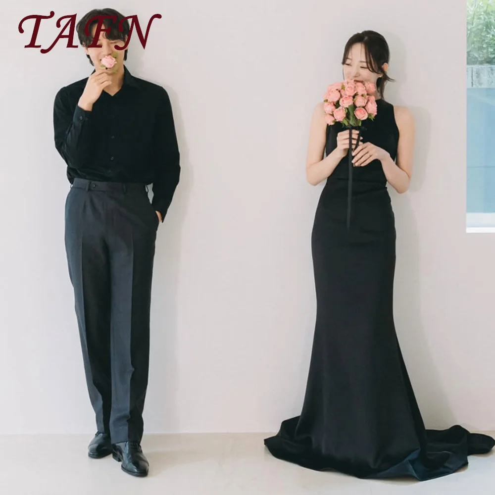 

TAFN Simple Black Mermaid Korea Wedding Snapshots Dress 웨딩드레스 Customized O Neck Sleeveless Stretchy Reception Gown