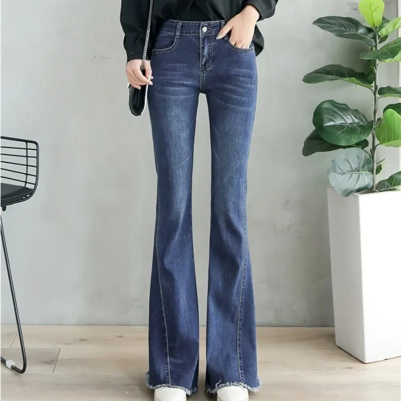 

Spring Fall High Wasit Stretch Denim Pants Korean Streetwear Women's Vaqueros Slim Jeansy Pantalones Casual Skinny Flare Jeans