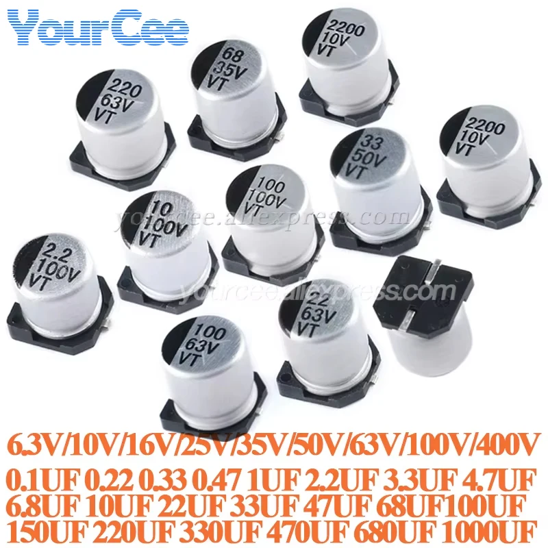 50pcs/10pcs SMD Electrolytic Capacitor Aluminum 6.3V 10V 16V 25V 35V 50V 63V 100V 400V 1UF 4.7UF 10UF 47UF 100UF 470 680 1000UF