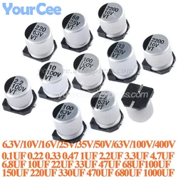 50 Uds SMD condensador electrolítico de aluminio 6,3 V 10V 16V 25V 35V 50V 63V 100V 400V 1UF 4,7 UF 10UF 47UF 100UF 470UF 680UF 1000UF