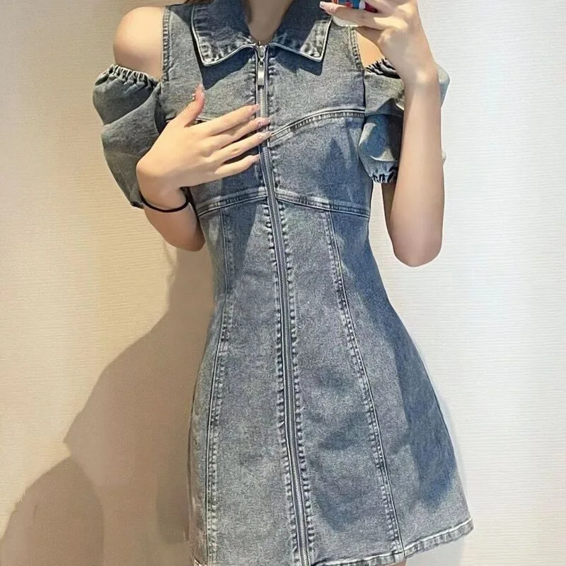 

Women Summer Retro Turn-Down Collar Denim Dress Chic Off-The-Shoulder Dresses For Women Elegant Zipper Sexy Jeans Skirts Vestido