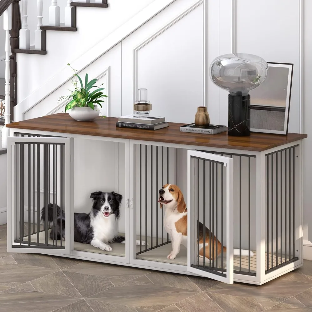 

Large Dog Crate Furniture for 2 Dogs, 71.6'' All Steel Frame Dog Crate with Double Doors, Heavy Sturdy Dog Kennel for Small
