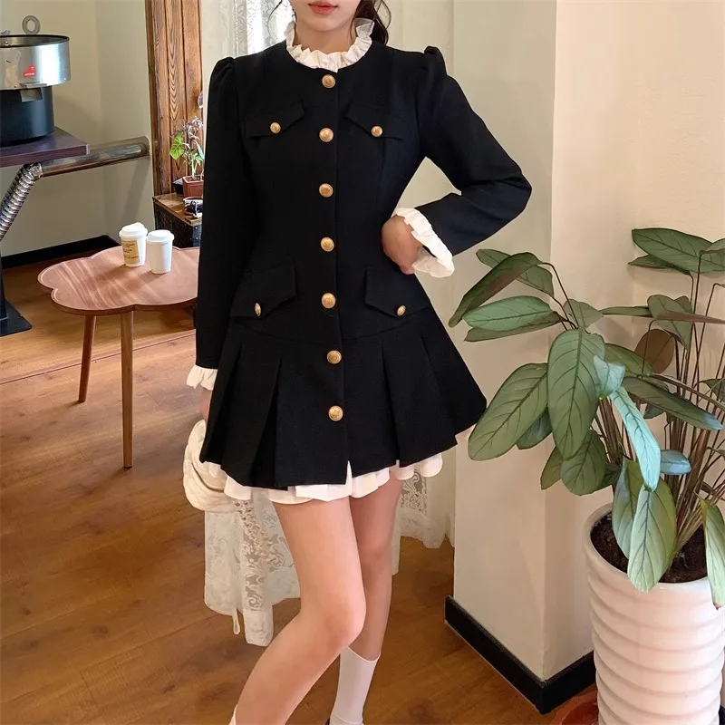 Women\'s Tweed Pleated Mini Slim Fit Korean Style Dress Ruffle Long Sleeve Single Breasted Elegant Small Fragrant Wind Dresses