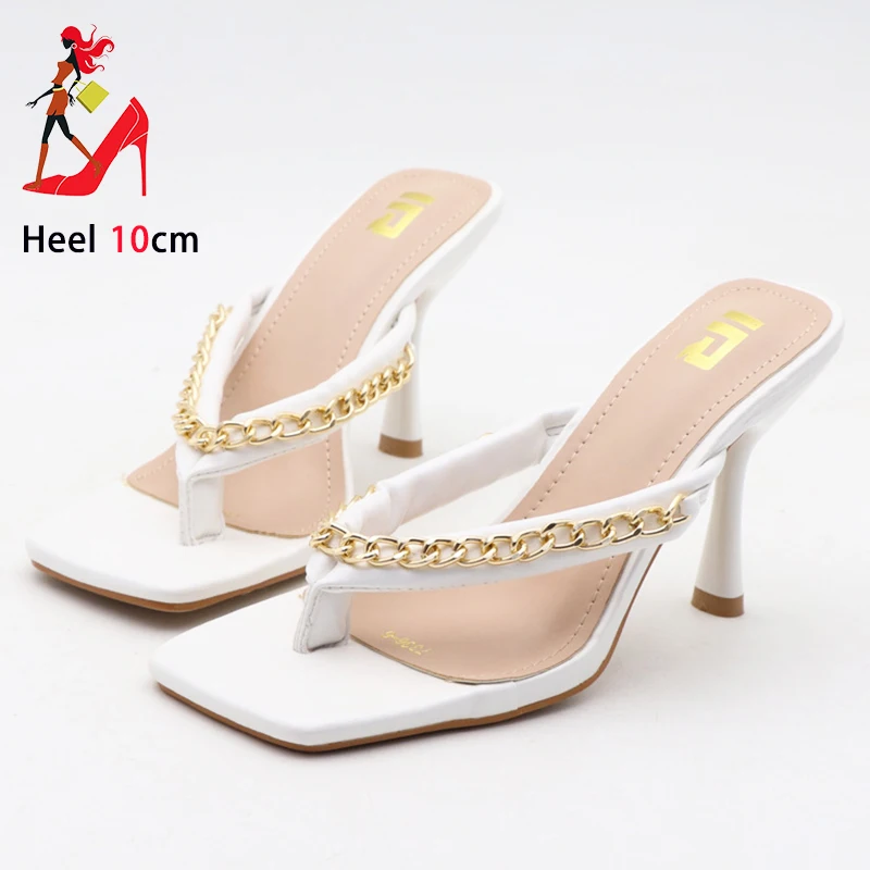 Ladies Square Toe Summer Shoes 10CM Outdoor High-heeled Sandals For Woman Chain Style Casual Clip Toe Slippers Black Flip Flops