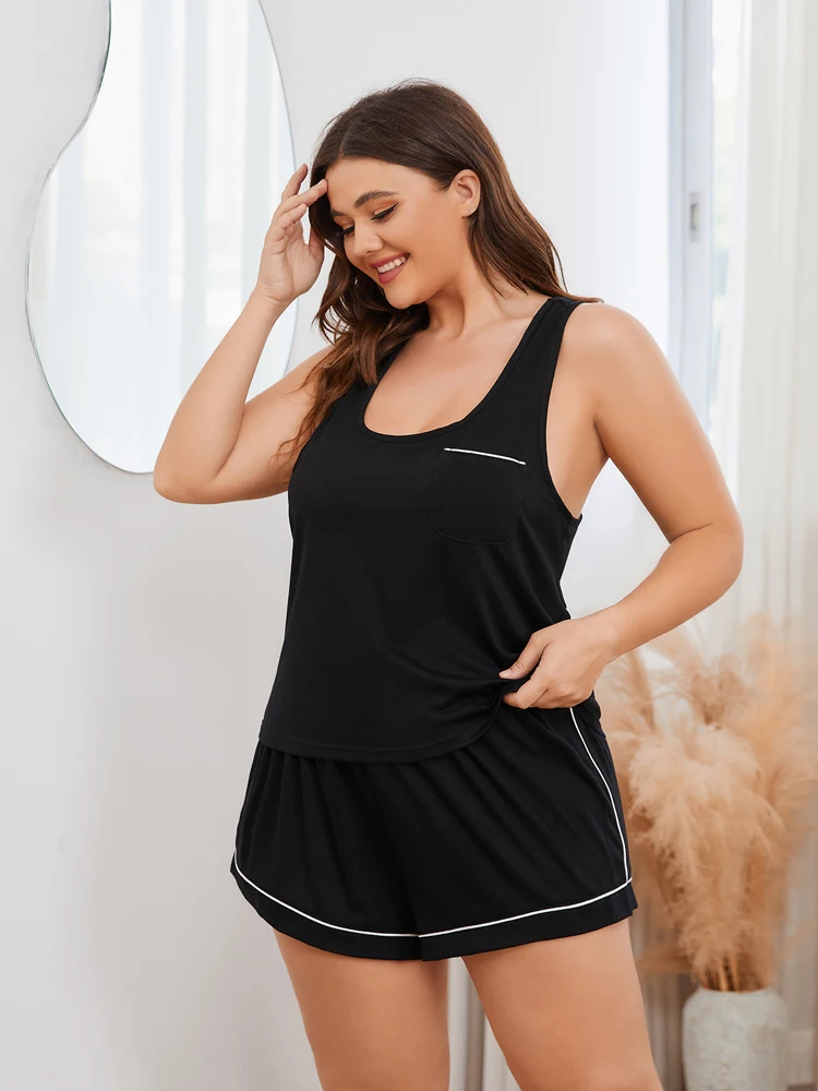 Plus Size Women\'s Pajamas Set Sleeveless Cami Top&Shorts 2 Pieces Sleepwear Suit Summer Racerback Nightwear Homewear Cloth