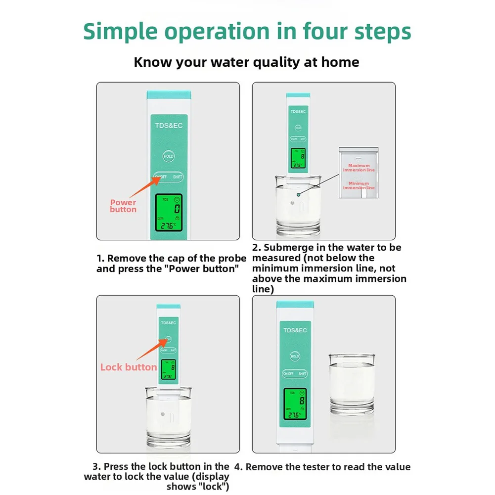 Water Quality Tester Conductivity Tester 3-in-1 Water Tester Total Dissolved Solids Electrical Conductivity Premium Probe