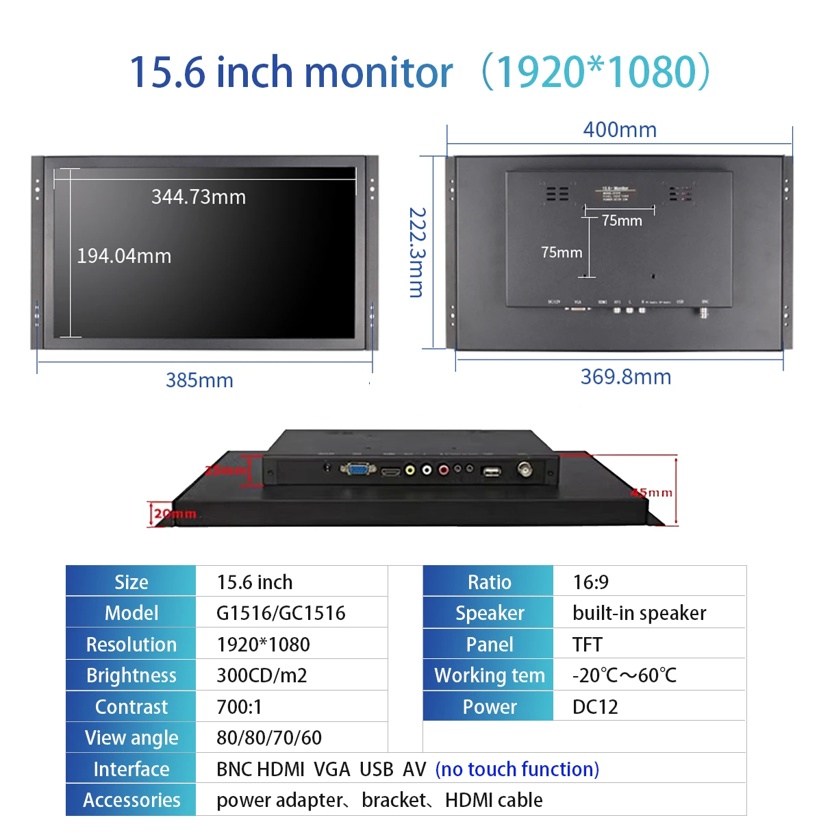 Zhixianda 15.6 Inch 1920*1080 Capacitive Touch Screen Open Frame Monitor Industrial Embedded LCD With VGA HDMI BNC AV USB Port