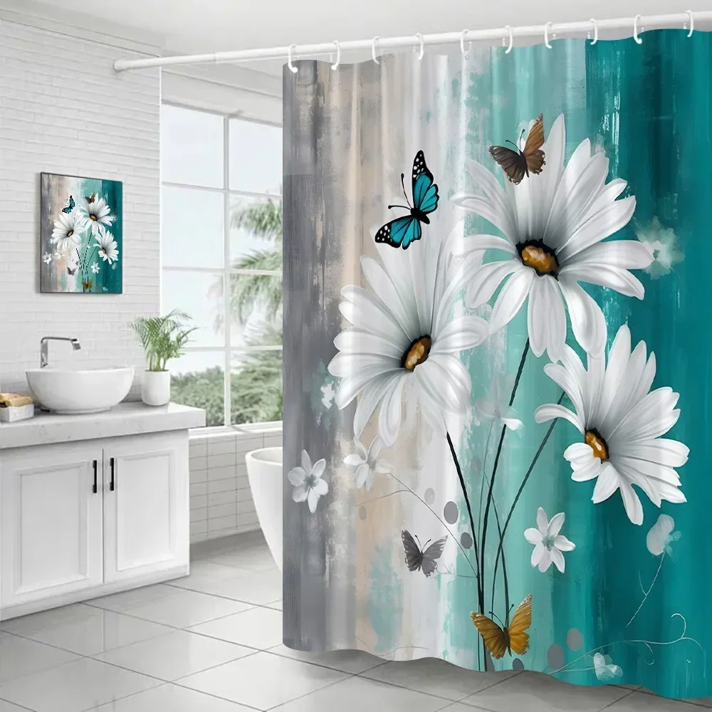 Butterfly Floral Shower Curtains White Daisy Flower Blue Grey Grunge Style Art Polyester Cloth Bathroom Curtain Decor with Hooks