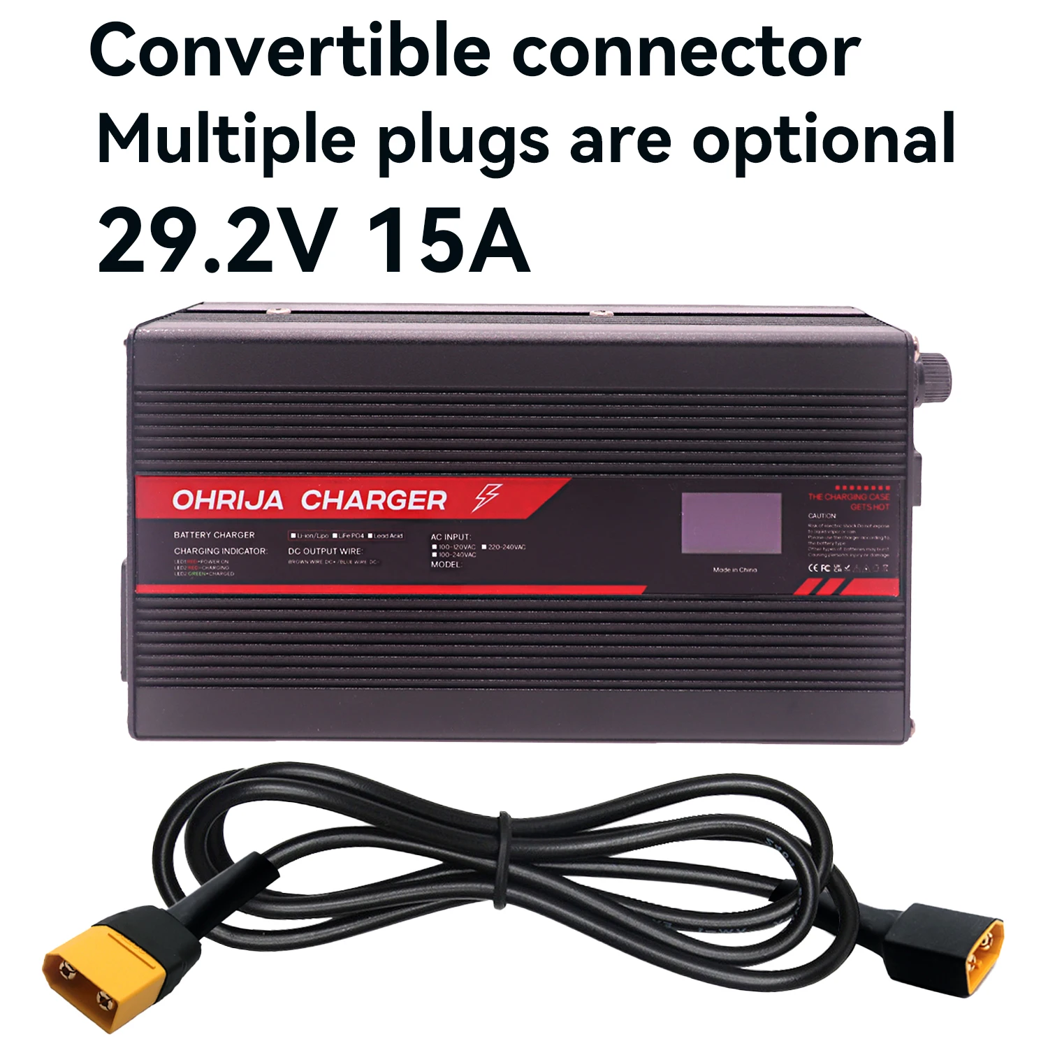 

OLED Display 29.2V 15A Battery Charger for 8 strings LiFeP04 Battery Charger Has a convertible connector Fast, Safe, and Smart