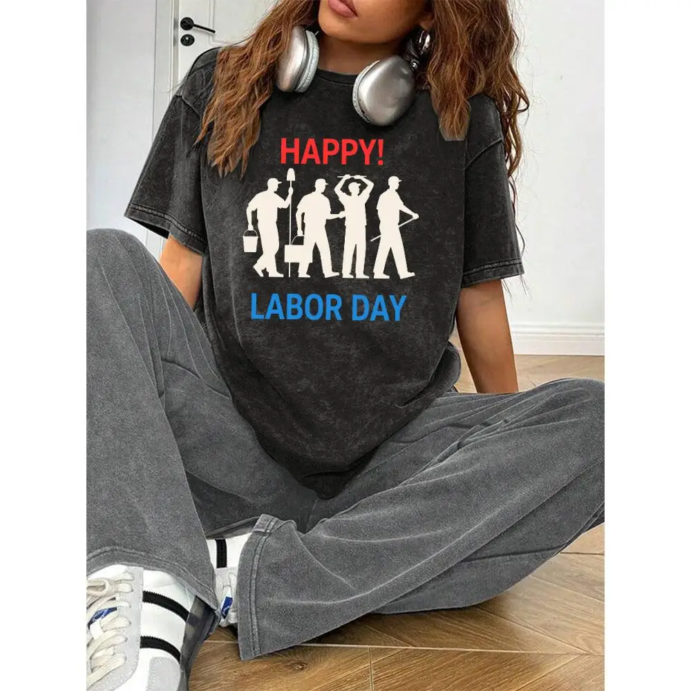 

Women Washed Oversized Happy Labor Day T-Shirt Worker Profession Graphic Tee Retro Crewneck Short Sleeve Casual Gift Top