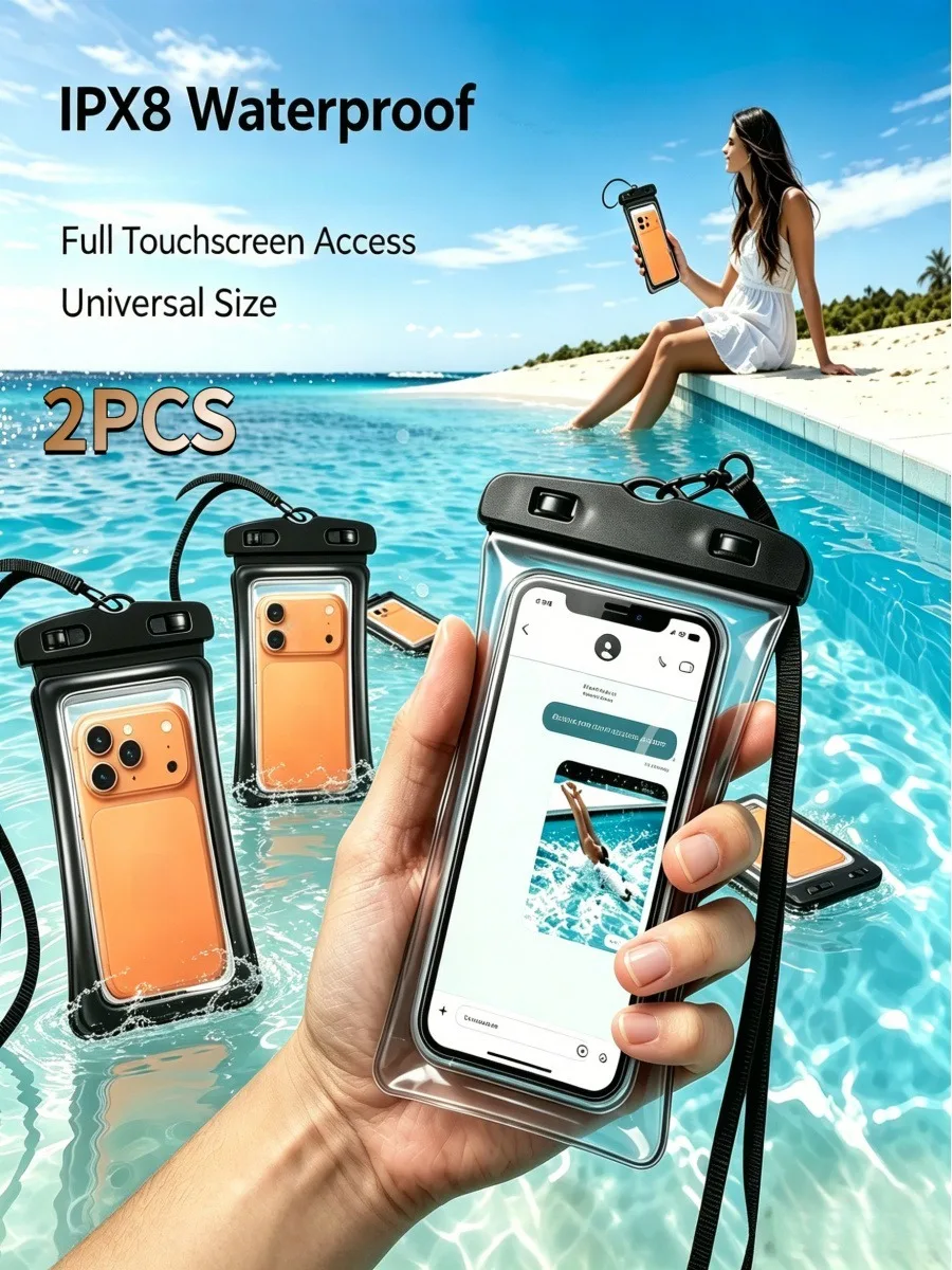 2-Piece IPX8 Waterproof Phone Pouch Adjustable Shoulder Strap High-Strength Airbag Protection for Swimming Diving Beach Vacations