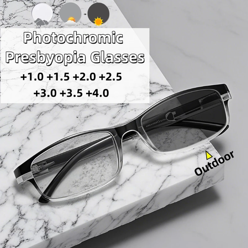 

Fashion Small Frame Photochromic Presbyopia Glasses Business Square Gradient Lenses Blue Light Blocking Eye Protection