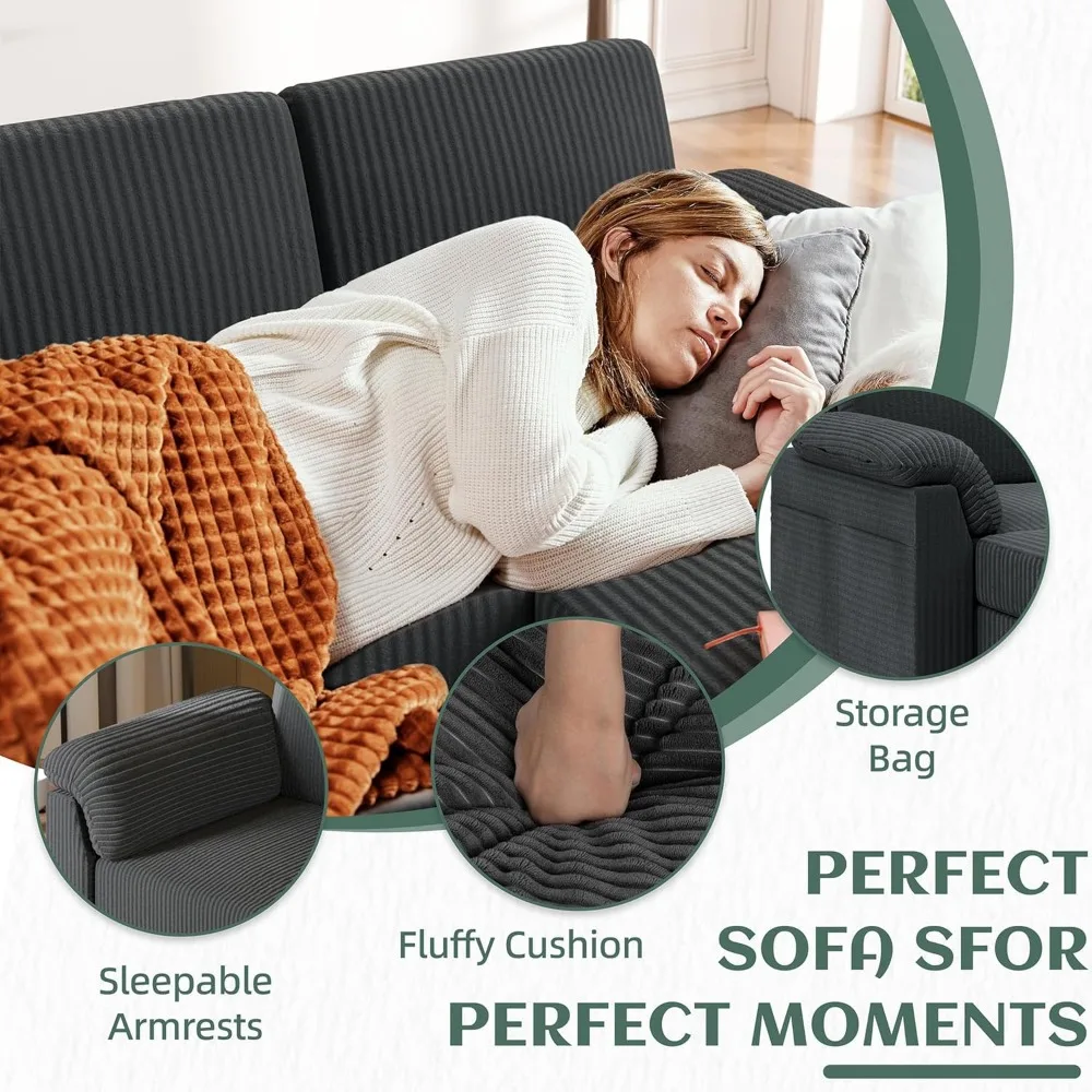 أريكة مقطعية قابلة للتحويل من قماش الكتان على شكل حرف L مكونة من 3 مقاعد مع مسند تخزين وجيوب جانبية لأثاث غرفة المعيشة المريحة #5