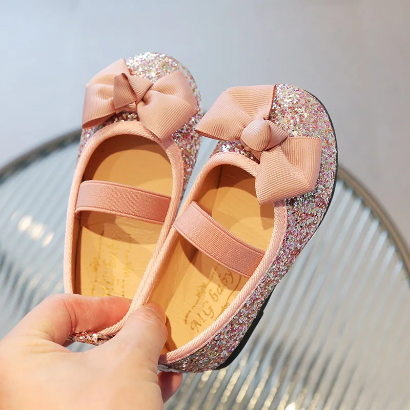 Girls Casual Shoes Kids Flats Princess Glitter Leather Shoes Children Bowtie Mules Sequins Fashion 2024 New Party Ballet Shoes