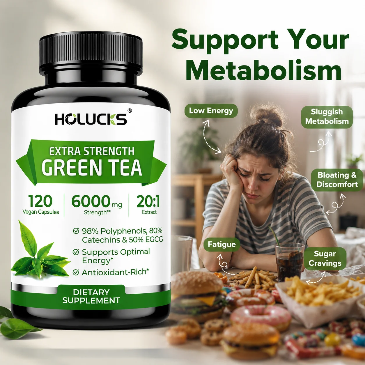 Green Tea Extract Capsules, 6000mg, with Polyphenols, Cellular Antioxidant Protection, Immune Energy Support, for Men & Women