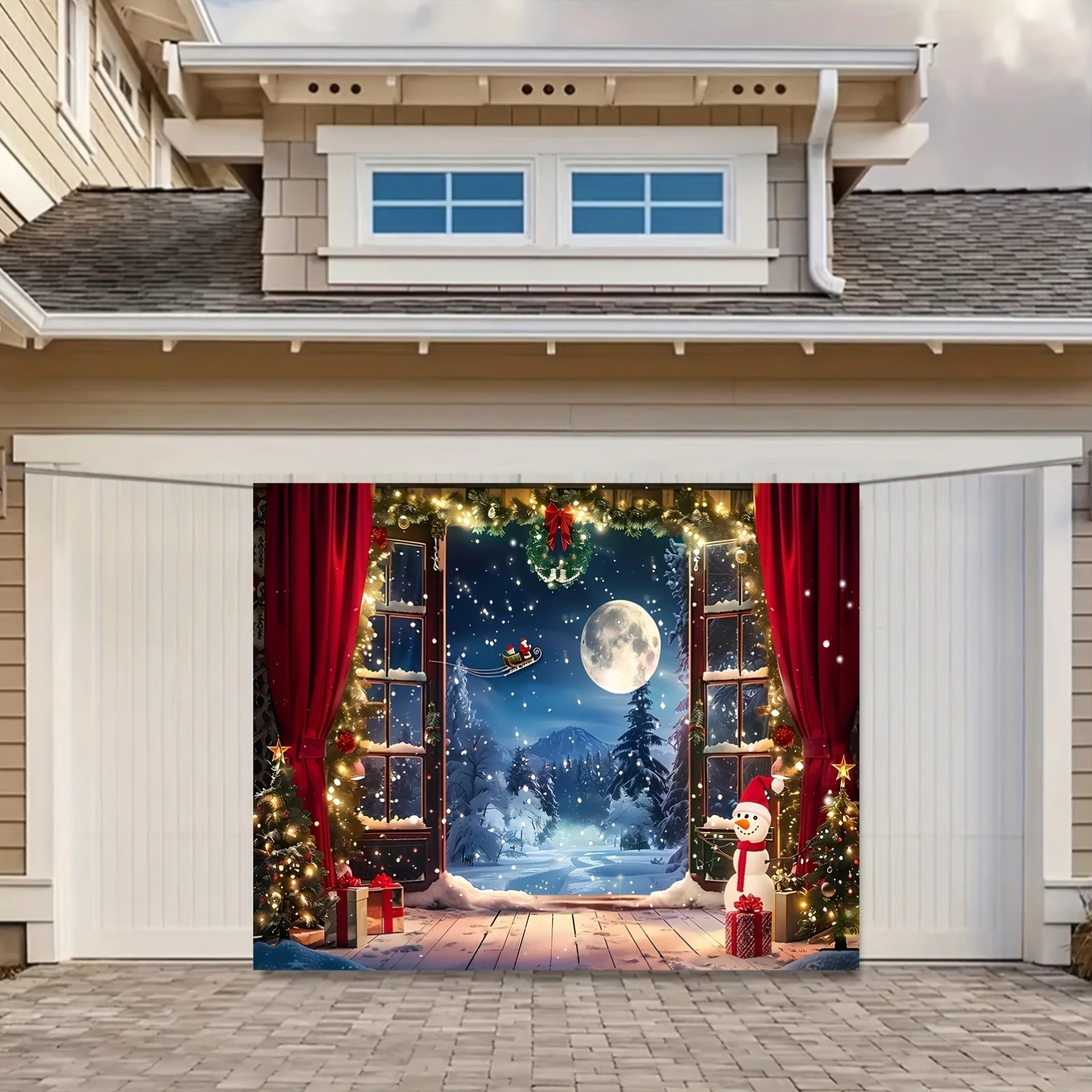 Christmas Winter Wonderland Background Cloth - Christmas Tree, Santa Claus, Snow and Moon Night Scene Photography Banner