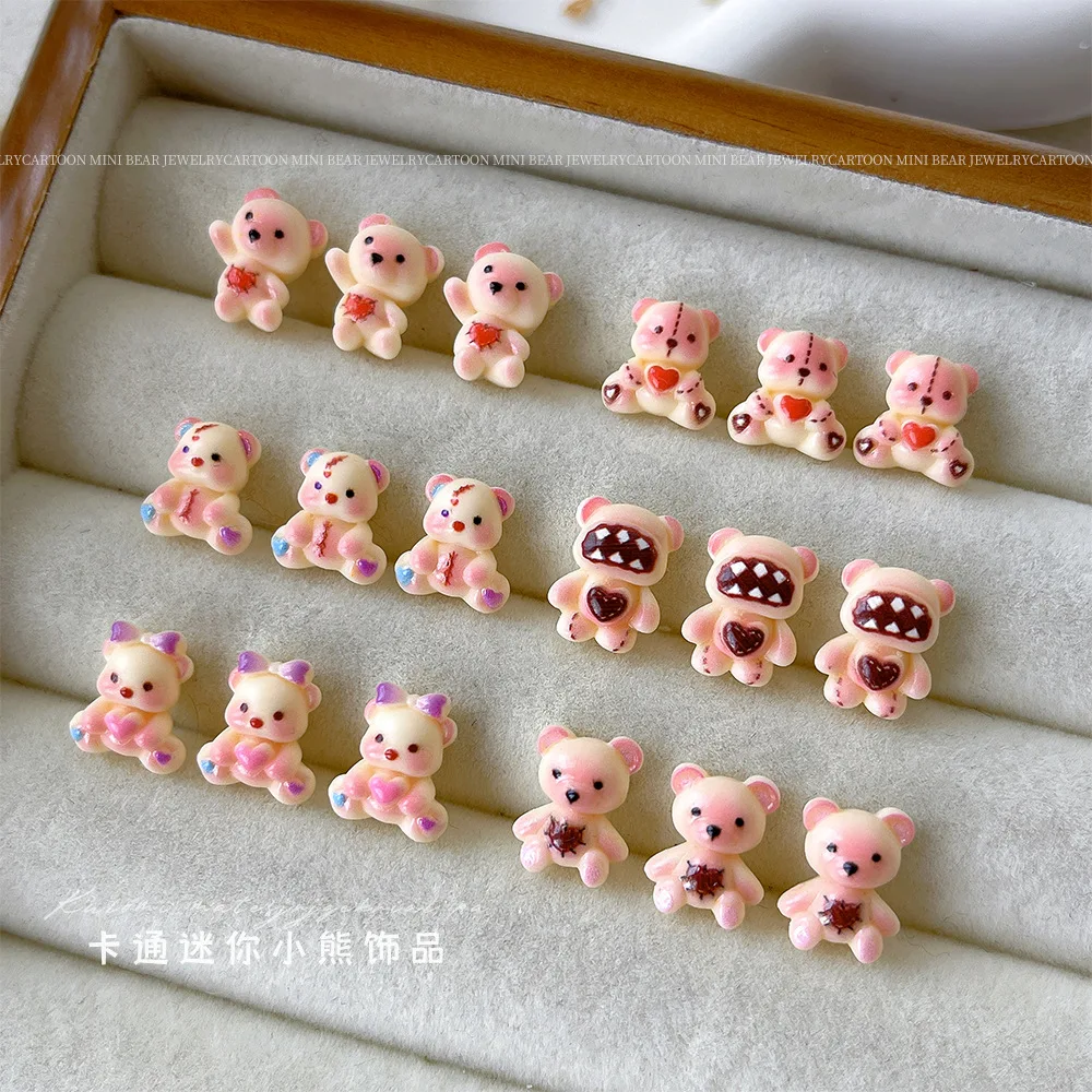 อุปกรณ์ตกแต่งเล็บรูปหมีการ์ตูนขนาดเล็ก 10 ชิ้น หมีเรซิ่นฐานแบนสำหรับตกแต่งเล็บ DIY