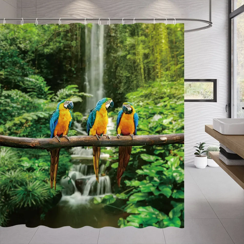 Outdoor Shower Curtain Palm Tree Forest Landscape Shower Curtains Tropical Parrot Flamingo Plant Hanging Curtain Bathroom Decor