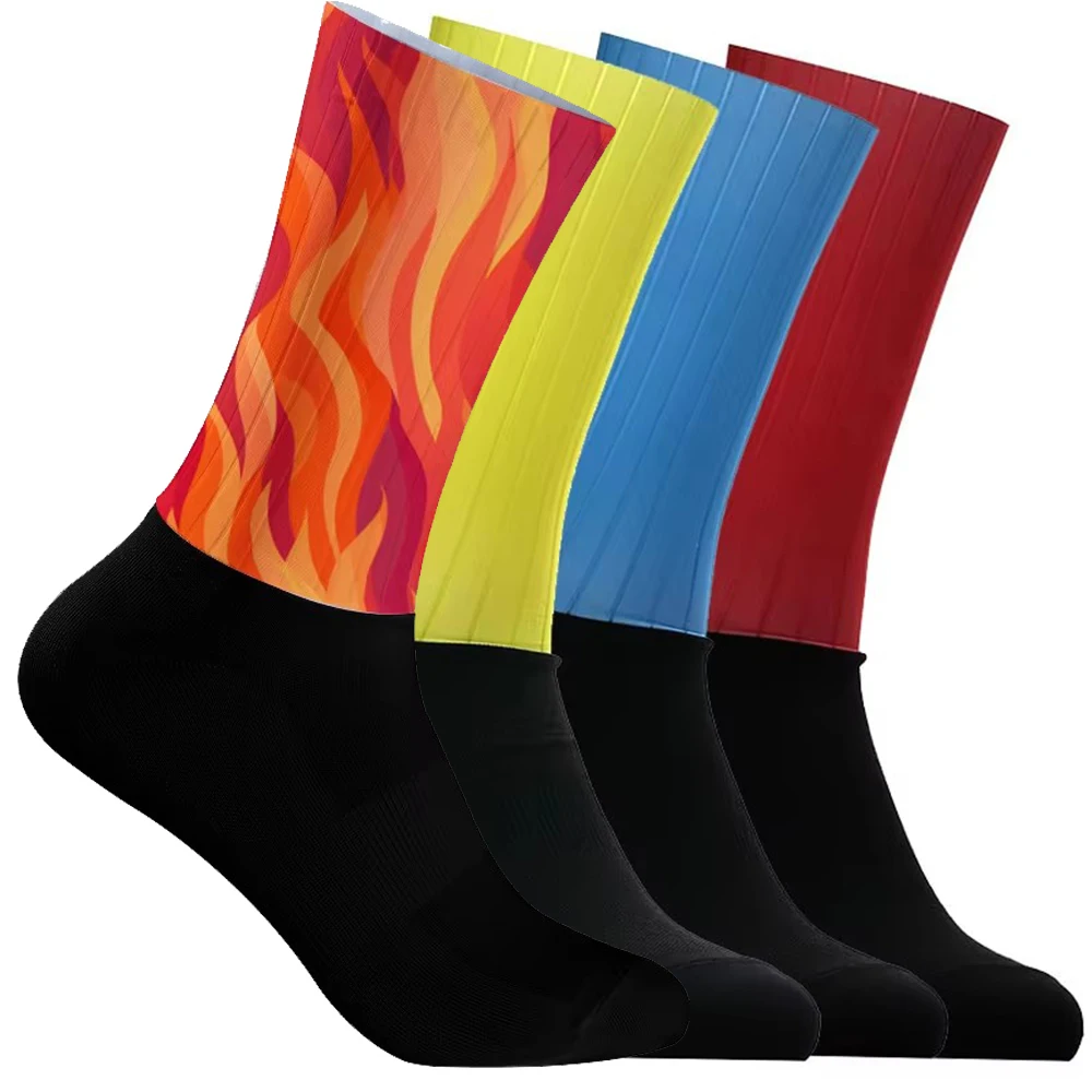 

Мужские и женские спортивные носки с ярким пламенным дизайном, дышащие, быстросохнущие, для бега, езды на велосипеде, спорта