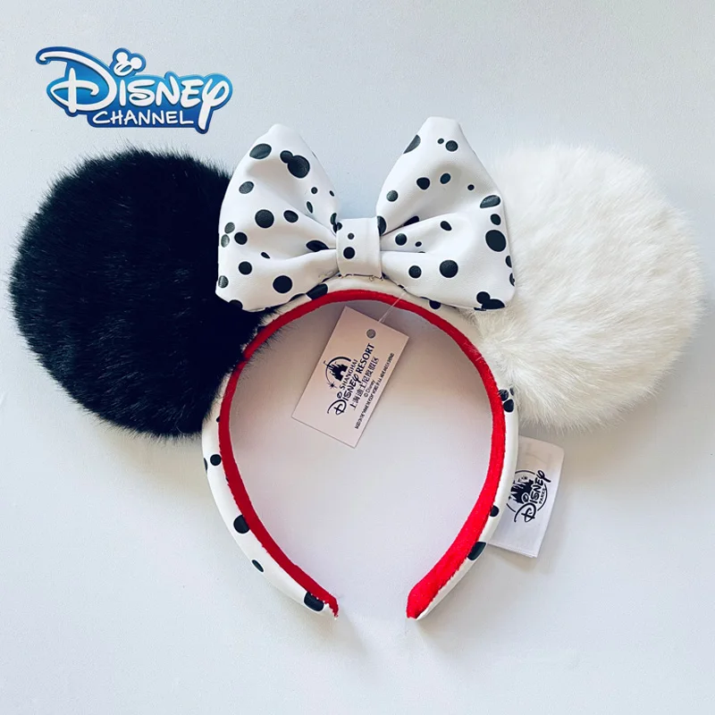 Disney Cruella Plush Headband - Adult/Child Headband Cosplay Headwear Black And White Spots PU Leather Bow Tie