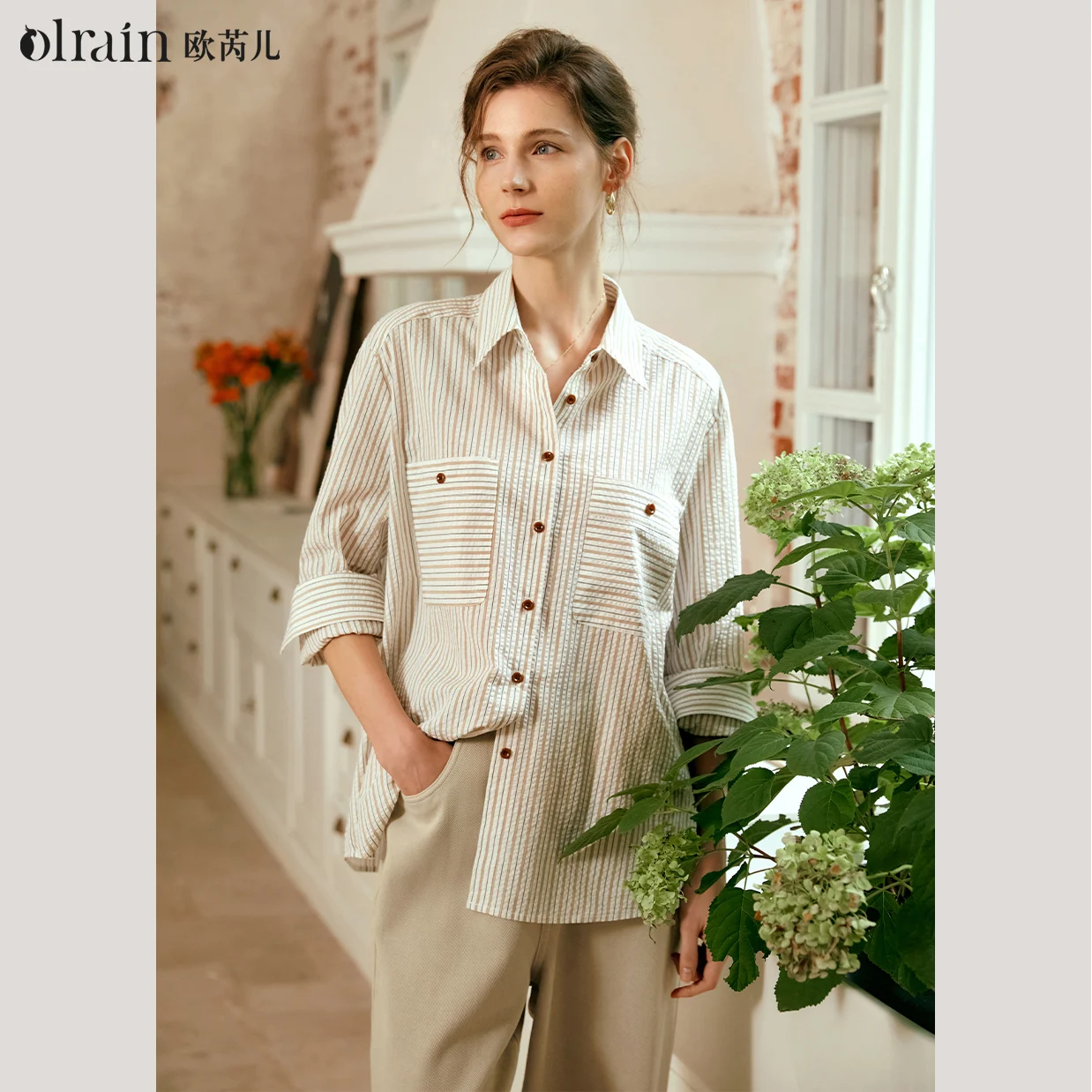 

OLrain French Striped Long Sleeve Shirts & Blouses Women 2025 Autumn Casual Loose Straight Turn-down Collar Shirts M56QC93099