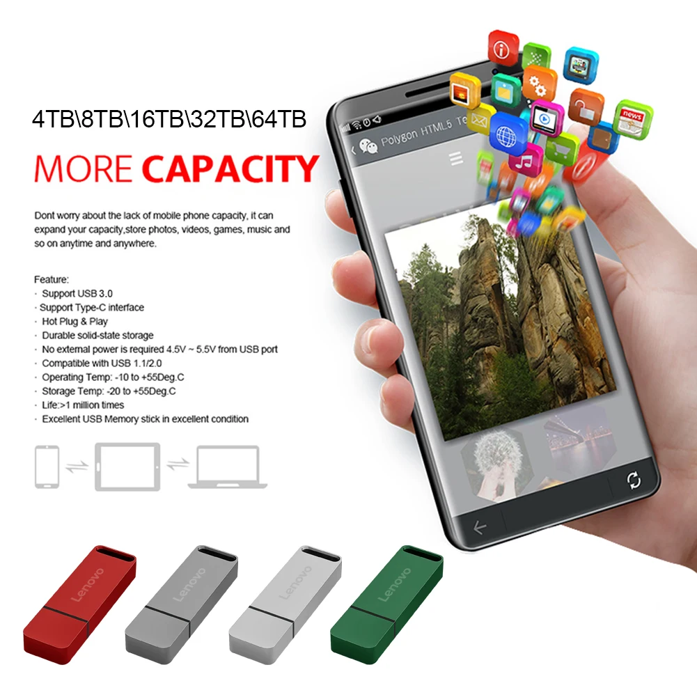 Lenovo 64TB Original 16TB 8TB OTG Pendrive Pen Drive Key 2TB Type C High Speed Portable USB Flash Drive Memory Stick Waterproof