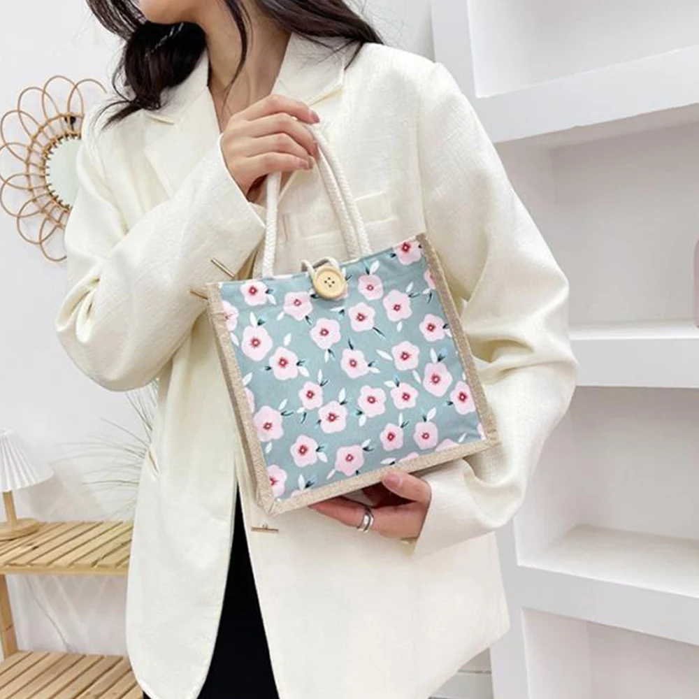 Bolso de mano de arpillera con estampado de flores para mujer, bolsa de lino con asa superior ecológica portátil, ideal para la playa y el verano