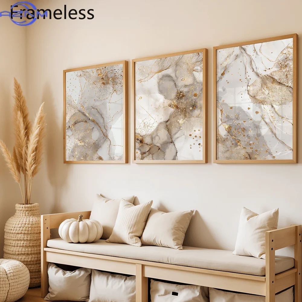 Frameless,  3pcs Collection, Wall Decor, Retro Poster, Sophisticated Abstract Floral Artwork, Textured Neutral Shades, Beige An