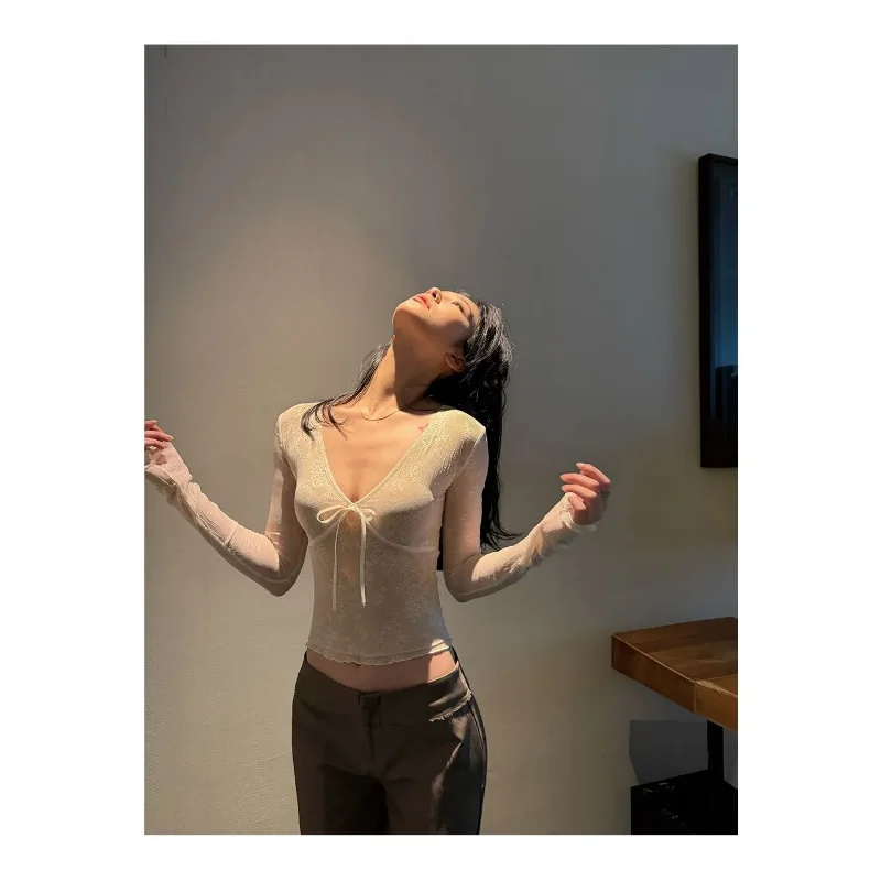 レトロデザイン Vネック リボン レース シャツ レディース ウエストトップ