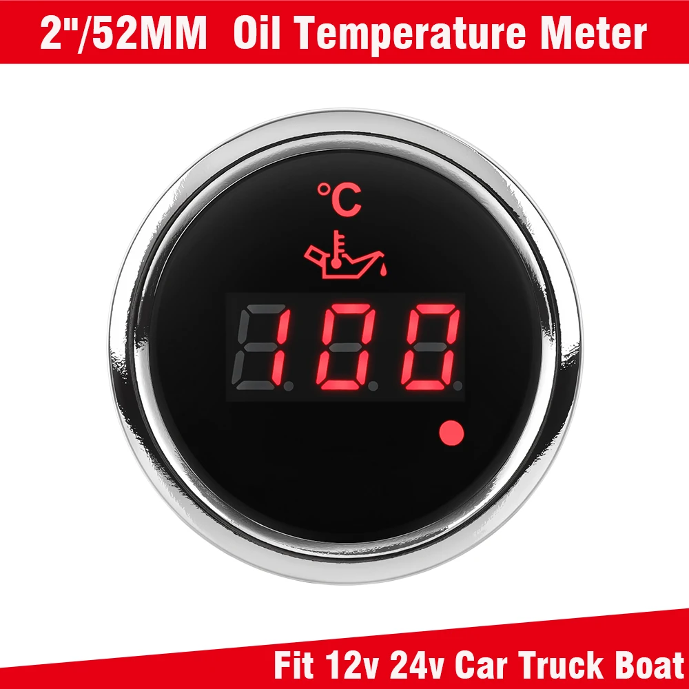 Red Backlight 52mm (2'') Engine Oil Temp Gauge  with Flash Alarm Temperature 0-150 Celsius for Motorcycle Truck Vessels 12V 24V