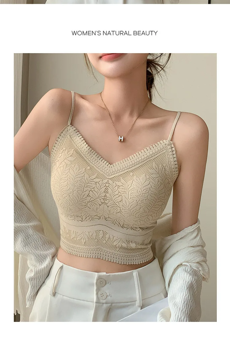 Die neue Damen-Spitzenweste mit nahtlosem kleinen Neckholder, Wickelbrust, nahtlose Unterwäsche, eine Tasse, rutschfester BH, Y2k-Top, Tank-Top, Neckholder – Detail 15