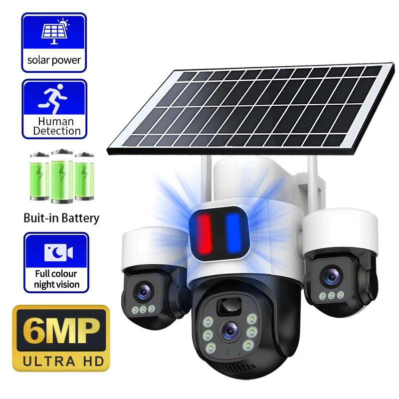 Home WiFi Solar Three‑Lens Security Camera Simultaneous Monitoring PTZ Human Detection Night Vision Outdoor Surveillance Cam