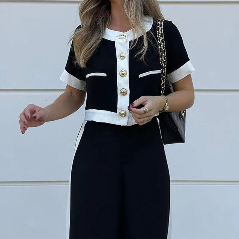 Elegant Woman Black Button Fashionable Commuting Short Sleeved Round Neck Short Top Casual Straight Leg Pants Set Two-piece Set