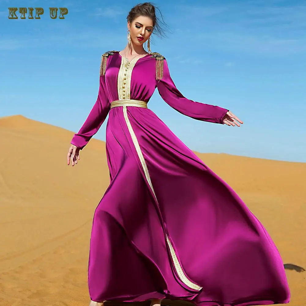 Abaya Moroccan Dubai Caftan Long Dress for Women Muslim Ramadan Dubai Arabic Luxury Satin Rhinestone Wedding Party Gown New