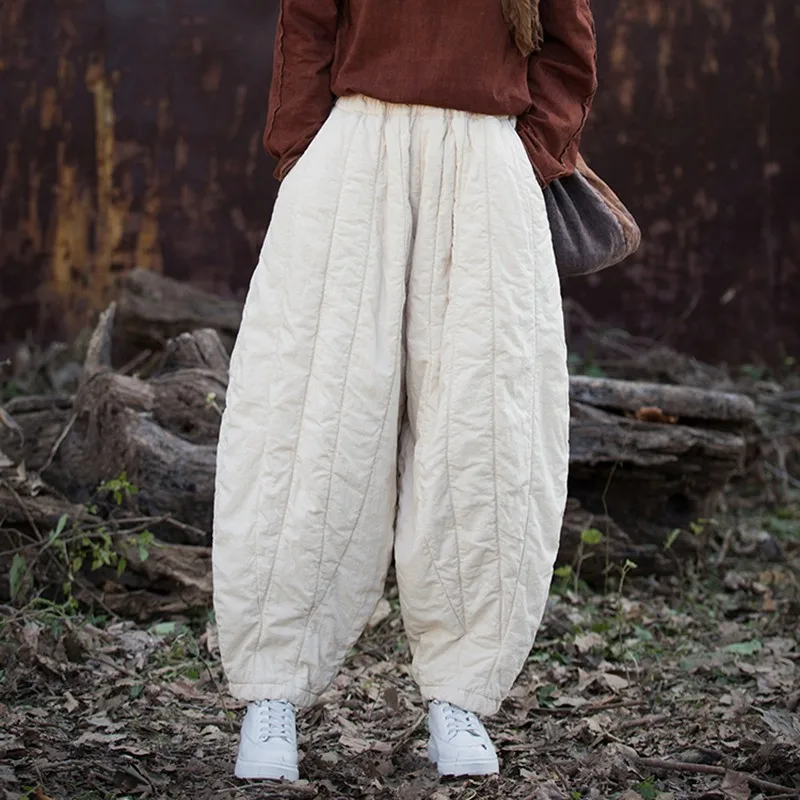 

Thick Warm Casual Padded Pant Women New 2024 Winter Vintage Style Solid Color Loose Female Quilted Cotton Linen Harem Pants M092