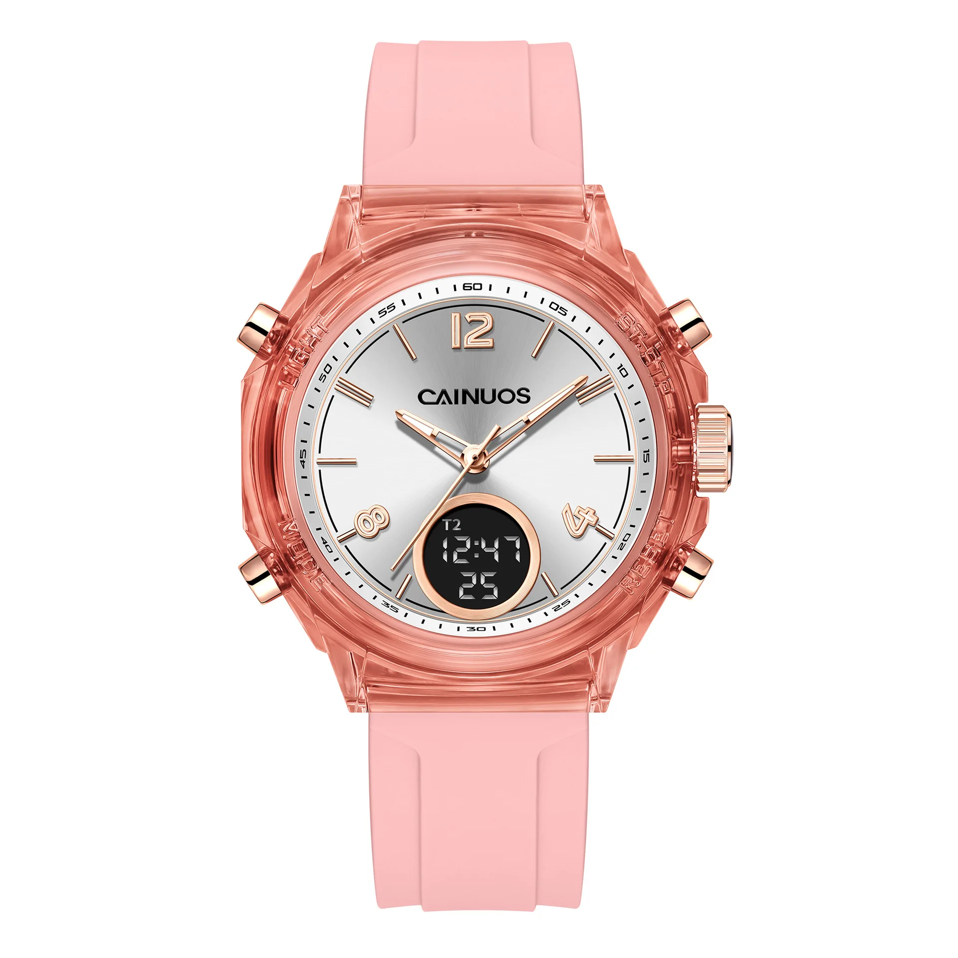 

Fashion Women's Dual Display Watch Silicone Strap Transparent Case Waterproof Digital Analog Wristwatch for Ladies Casual Style