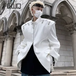 FEWQ Men's Jacket Shoulder Pad Suit Metal Buckle Zipper 2023 Solid Color Long Sleeve Male Coat Stand Collar Fashion 24X1738