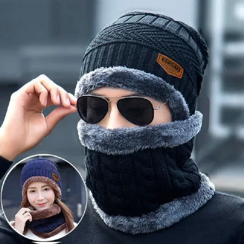 Coral Fleece Scarf Hats Winter Beanies Soft For Mens Black Warm Breathable Wool Knitted Winter Hat Letter Double Layers Caps